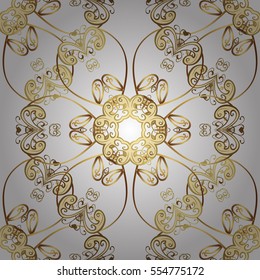 Seamless vintage pattern on white background with golden elements.