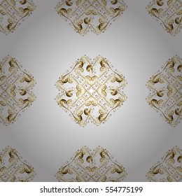 Seamless vintage pattern on white background with golden elements.