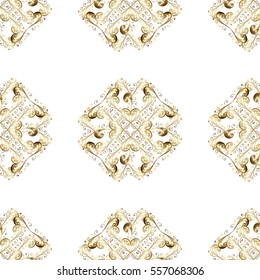 Seamless vintage pattern on white background with golden elements. Christmas, snowflake, new year.