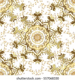 Seamless vintage pattern on white background with golden elements. Christmas, snowflake, new year.