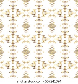 Seamless vintage pattern on white background with golden elements. Christmas, snowflake, new year.