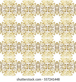 Seamless vintage pattern on white background with golden elements.