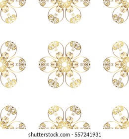 Seamless vintage pattern on white background with golden elements. Christmas, snowflake, new year.