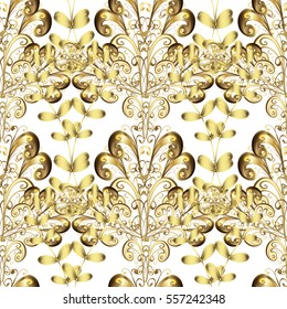 Seamless vintage pattern on white background with golden elements. Christmas, snowflake, new year.