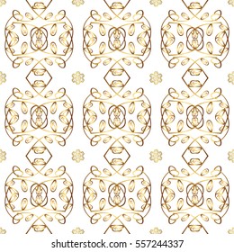 Seamless vintage pattern on white background with golden elements.