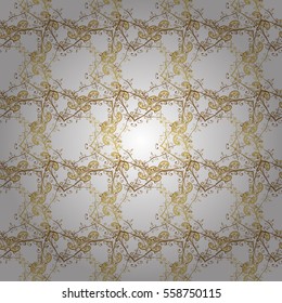 Seamless vintage pattern on white background with golden elements. Radial gradient shape.