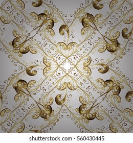 Seamless vintage pattern on white background with golden elements. Radial gradient shape. New Year, Christmas, snowflake.