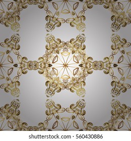 Seamless vintage pattern on white background with golden elements. New Year, Christmas, snowflake. Radial gradient shape.