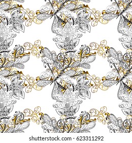 Seamless vintage pattern on white background with golden elements and with white doodles. Christmas, snowflake, new year.