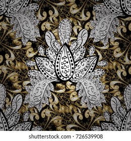 Seamless vintage pattern on white, black and beige colors with golden elements and with white doodles. Christmas, snowflake, new year.
