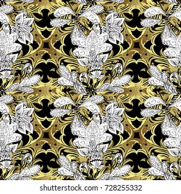 Seamless vintage pattern on white, black and neutral colors with golden elements and with white doodles. Christmas, snowflake, new year.