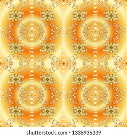 Seamless vintage pattern on yellow, orange and beige colors with golden elements. Christmas, snowflake, new year 2020.