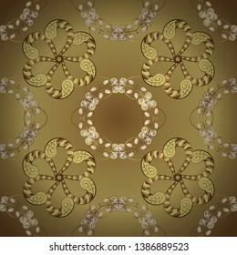 Seamless vintage pattern on yellow and brown colors with golden elements. Golden seamless pattern on yellow and brown colors with golden elements. Christmas, snowflake, new year.