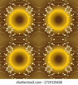 Seamless vintage pattern on yellow and brown colors with golden elements. Christmas, snowflake, new year 2019.