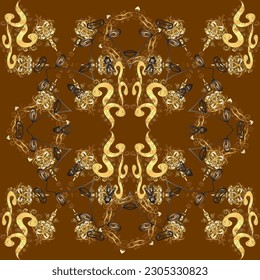 Seamless vintage pattern on yellow, gray and brown colors with golden elements. Christmas, snowflake, new year 2024.