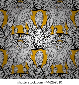 Seamless vintage pattern on yellow background with white elements.