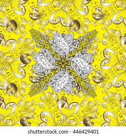 Seamless vintage pattern on yellow background with golden elements.