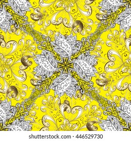 Seamless vintage pattern on yellow background with golden elements.