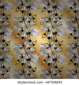 Seamless vintage pattern on yellow background with golden elements.