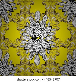 Seamless vintage pattern on yellow background with golden elements.