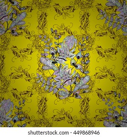 Seamless vintage pattern on yellow background with golden elements.