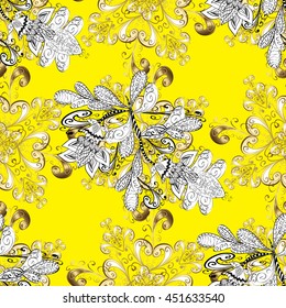 Seamless vintage pattern on yellow background with golden elements.
