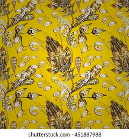 Seamless vintage pattern on yellow background with golden elements.