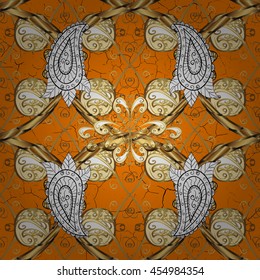 Seamless vintage pattern on yellow and orange background with golden and white elements.