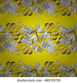 Seamless vintage pattern on yellow background with golden elements.