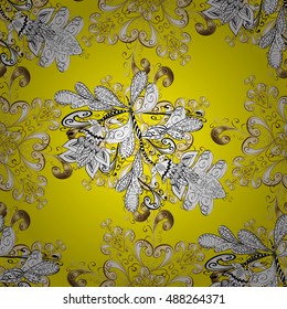 Seamless vintage pattern on yellow background with golden elements.