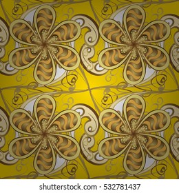 Seamless vintage pattern on yellow background with golden elements.