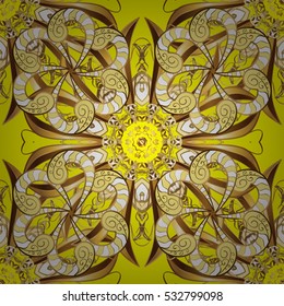 Seamless vintage pattern on yellow background with golden elements. Vector.