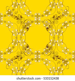 Seamless vintage pattern on yellow background with golden elements.