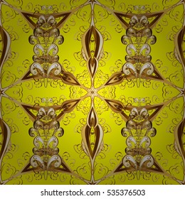 Seamless vintage pattern on yellow background with golden elements.