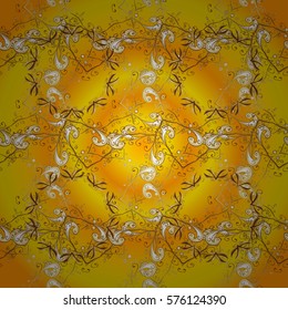 Seamless vintage pattern on yellow and orange background with golden elements. Radial gradient shape. Radial gradient shape.