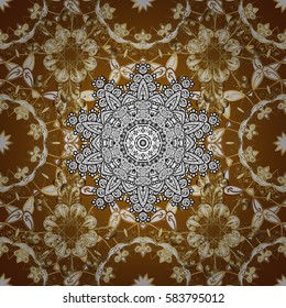 Seamless vintage pattern on yellow background with golden elements and with white doodles. Christmas, snowflake, new year.
