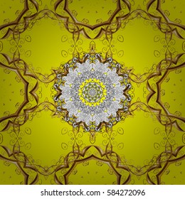 Seamless vintage pattern on yellow background with golden elements and with white doodles. Christmas, snowflake, new year.