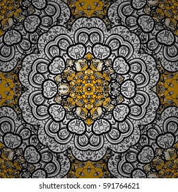 Seamless vintage pattern on yellow background with white elements. Christmas, snowflake, new year. White pattern on yellow background with white elements.