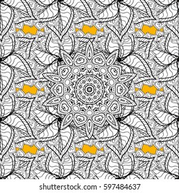 Seamless vintage pattern on yellow background with white elements. Christmas, snowflake, new year. White pattern on yellow background with white elements.