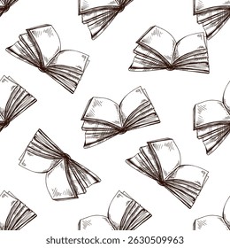 Seamless vintage pattern with open books and blank pages in hand drawn sketch style. Ideal for wallpaper, textile, stationery, digital paper and retro academic themes.