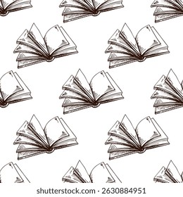 Seamless vintage pattern with open books and blank pages in hand drawn sketch style. Ideal for wallpaper, textile, stationery, digital paper and retro academic themes.