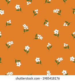 Patrón vintage sin foco. fondo naranja. flores blancas. hojas verdes. textura vectorial. impresión de tendencia para textiles y papel pintado.