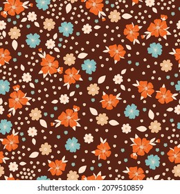 Patrón vintage sin foco. flores naranjas, azules y blancas en un fondo marrón. textura vectorial. impresión de moda para textiles.