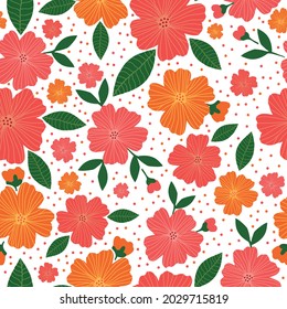 Seamless vintage pattern . orange and coral flowers and dots, green leaves on a white background. vector texture. a trend template for fashionable prints.