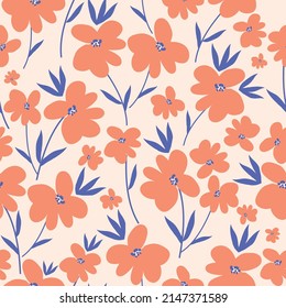 Seamless vintage pattern. Orange flowers, blue leaves. Light background. vector texture. fashionable print for textiles, wallpaper and packaging.
