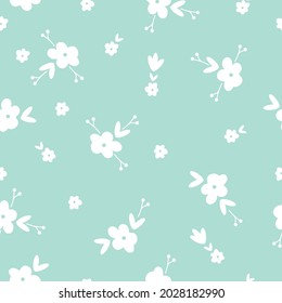Seamless vintage pattern. the ornament is white flowers and leaves on 
 mint background. vector texture. trend print for textiles and wallpaper.
