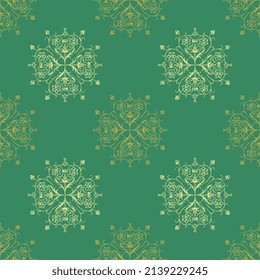
Seamless vintage pattern with ornate square floral vignettes. Light silhouettes on green background. Hand drawn sketches. 