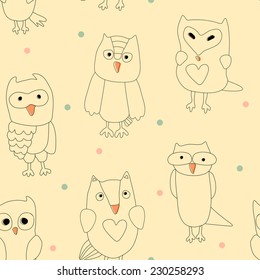 Seamless vintage pattern with owls and dots. Perfect for surface textures, wallpaper, pattern fills, web page background. 