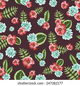 Seamless vintage pattern with painted flower, leaves and plants. Vector illustration