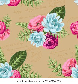Seamless vintage pattern with painted flower, leaves and plants. Vector illustration